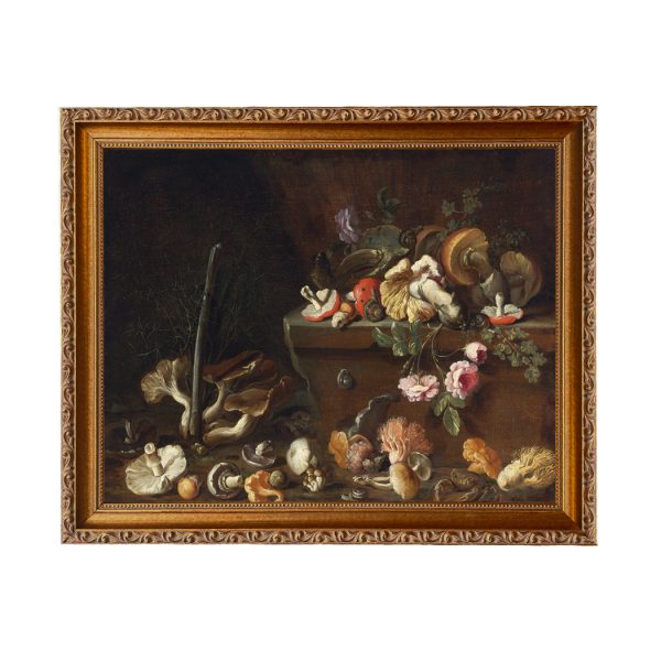 Painting Prints on Canvas Botanical/Zoological Still Life with Mushrooms and Flowers