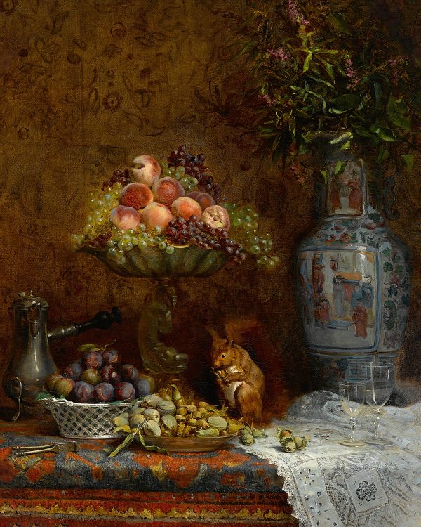 Painting Prints on Canvas Botanical/Zoological Still Life with Fruit and Squirrel