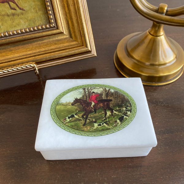 Decorative Boxes Equestrian 4″ Hounds to the Chase White Soap Stone Box