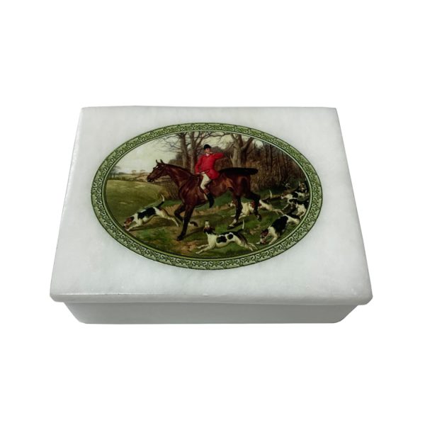 Decorative Boxes Equestrian 4″ Hounds to the Chase White Soap Stone Box