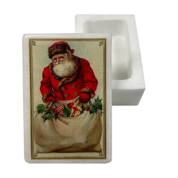 Decorative Boxes Christmas 3″ Victorian Santa with Toy Bag White Stone Decorative Trinket Box