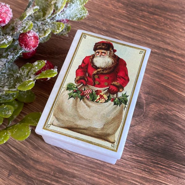 Decorative Boxes Christmas 3″ Victorian Santa with Toy Bag White Stone Decorative Trinket Box