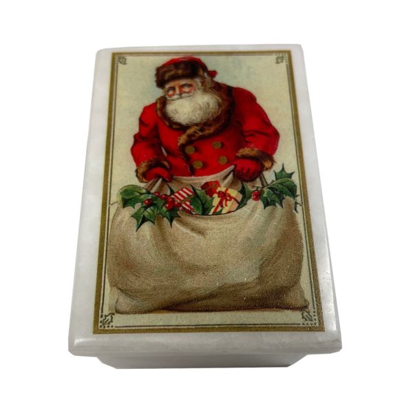 Decorative Boxes Christmas 3″ Victorian Santa with Toy Bag White Stone Decorative Trinket Box