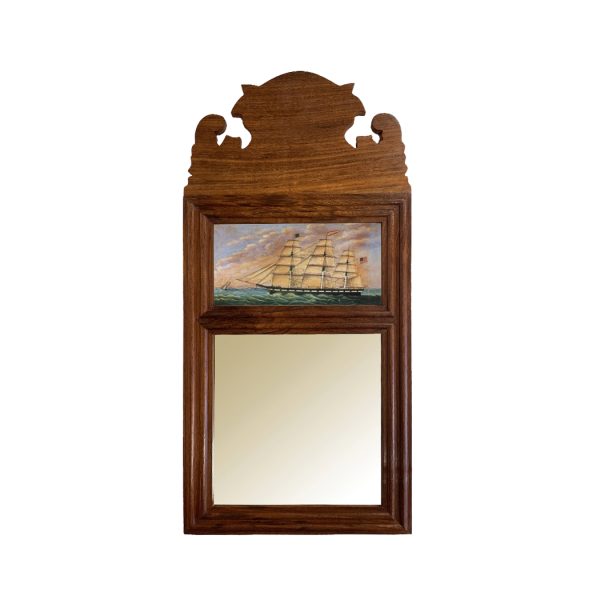 Decor Early American 18-3/4″ Wood Framed Mirror with Ship Print, Antique Vintage Style