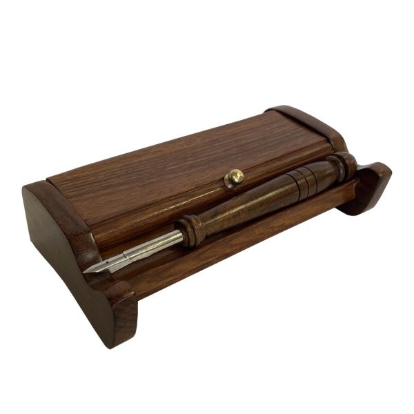 Inkwells Writing 7″ Wood Inkwell Stand with Two Clay Inkwells, Wood Nib Pen and Ink Powder- Antique Reproduction