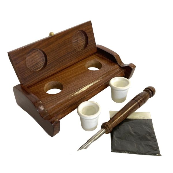 Inkwells Writing 7″ Wood Inkwell Stand with Two Clay Inkwells, Wood Nib Pen and Ink Powder- Antique Reproduction