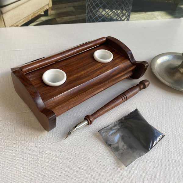 Inkwells Writing 7″ Wood Inkwell Stand with Two Clay Inkwells, Wood Nib Pen and Ink Powder- Antique Reproduction