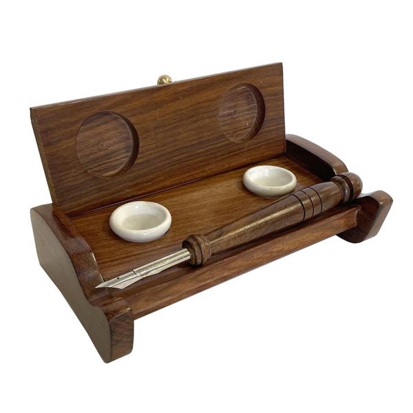 Inkwells Writing 7″ Wood Inkwell Stand with Two Clay Inkwells, Wood Nib Pen and Ink Powder- Antique Reproduction