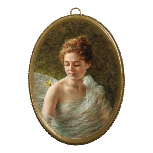 Portrait Portrait 6-1/4″ The Yellow Butterfly in Antiqued Beaded Brass Frame – Antique Vintage Style