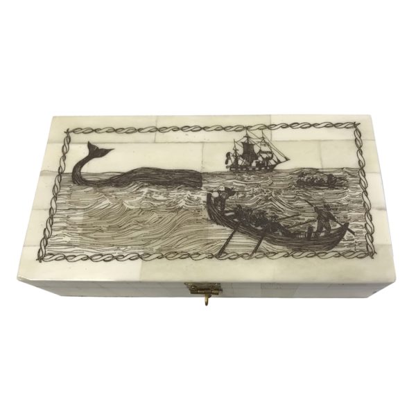 Scrimshaw/Horn & Bone Boxes Nautical 6-1/4″ Etched Whaling Long Boats Bone Box Antique Reproduction with Hinged Lid