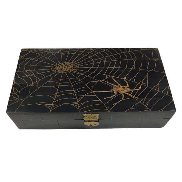 Halloween Decor Halloween 6-1/4″ Spider in Web Engraved Black Horn Box