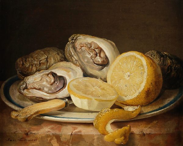 Painting Prints on Canvas Moody Still Life with Oysters and Lemon