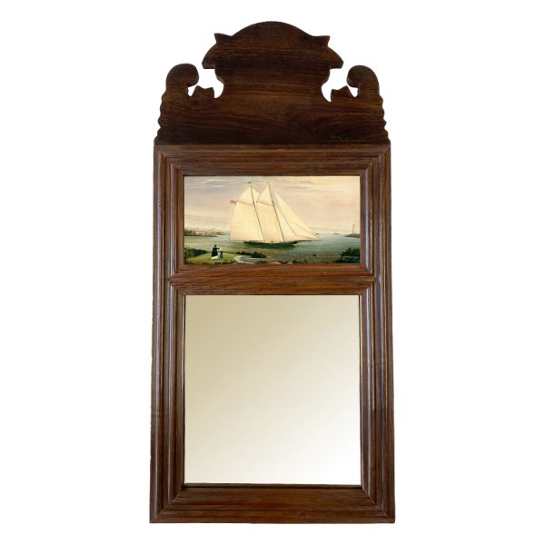 Decor Early American 18-3/4″ Wood Framed Mirror with American Schooner Print, Antique Vintage Style