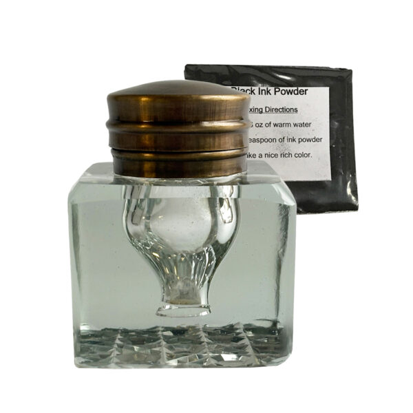 Inkwells Writing 2-1/4″ Clear Glass Inkwell with Cut Glass Bottom and Black Ink Powder