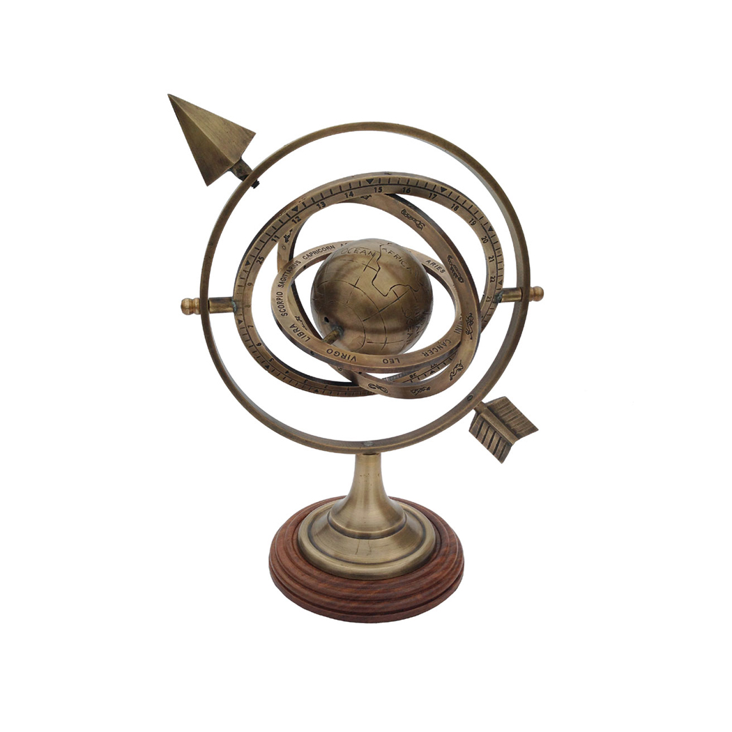 9-1/2″ Antiqued Brass Armillary w/Wood Base – Antique Style – Schooner ...