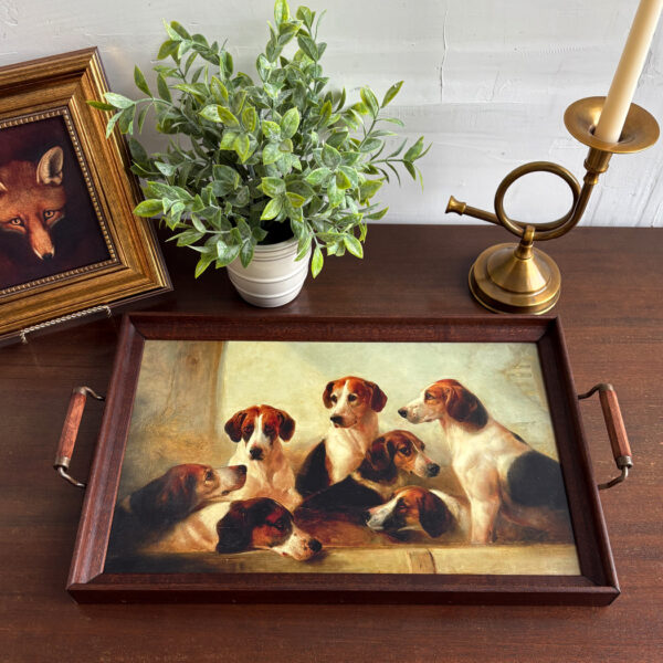 Lodge & Equestrian Decor Decorative Tray Fox Hounds Decorative Wood Tray with Wood and Antiqued Brass Handles