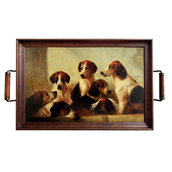 Lodge & Equestrian Decor Decorative Tray Fox Hounds Decorative Wood Tray with Wood and Antiqued Brass Handles