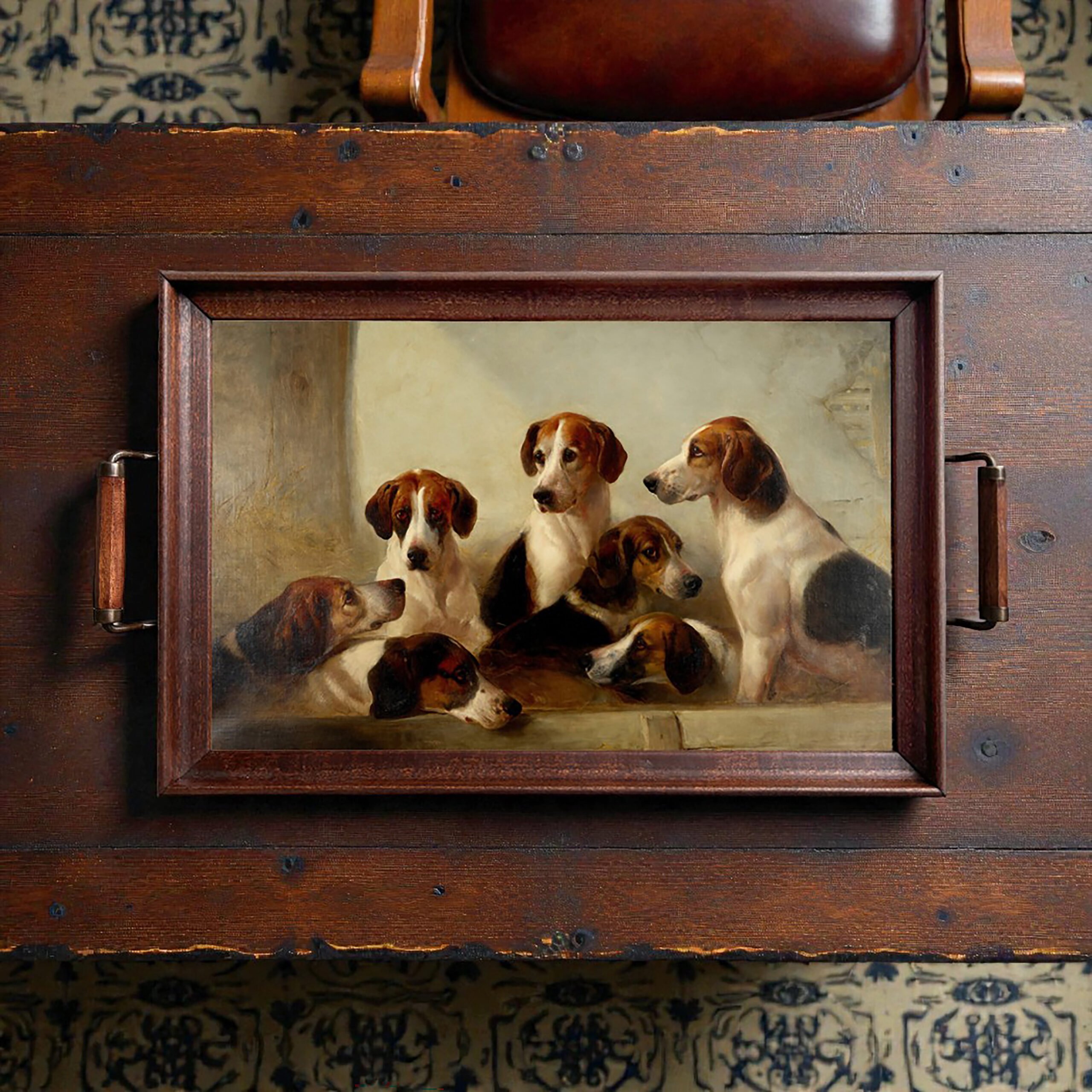 Lodge & Equestrian Decor Decorative Tray Fox Hounds Wood and Glass Decorative T ...