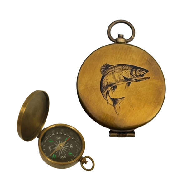 Lodge & Equestrian Decor Lodge 1-3/4″ Trout Antiqued Brass Compass with Flip Top Lid
