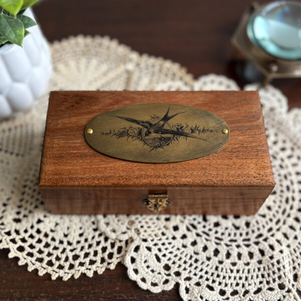 Decorative Boxes Victorian 6-1/4″ Wood Box with Antiqued Brass Bird Plate, Victorian Style