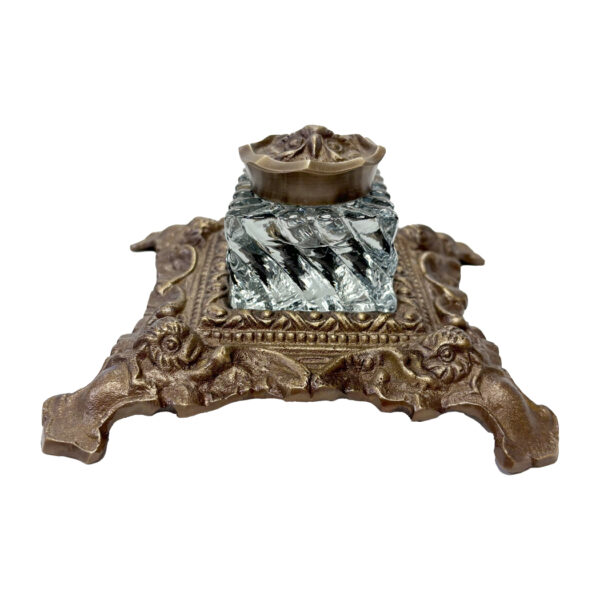 Inkwells Lodge 6″ Antiqued Brass Owl Inkwell Stand with Glass Inkwell