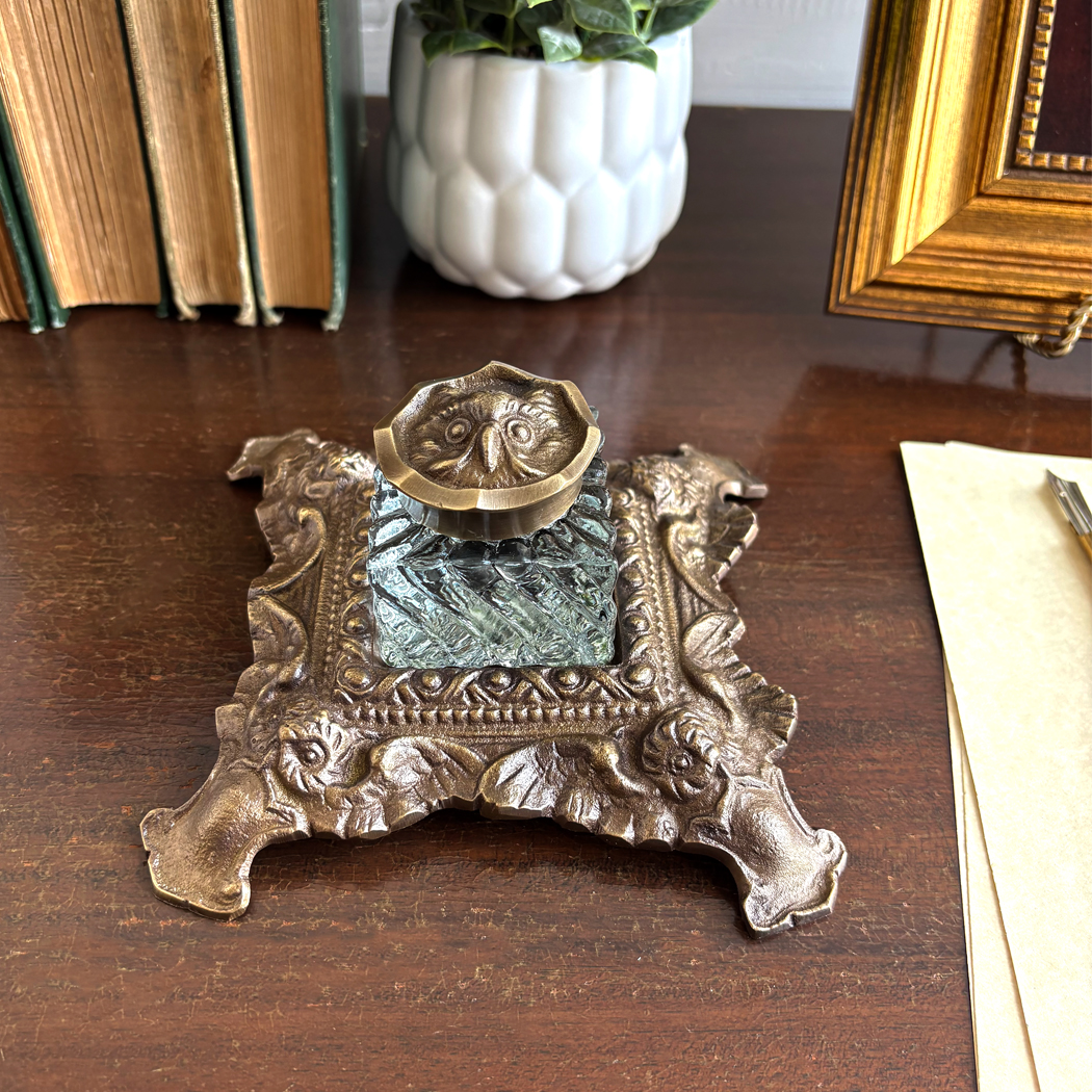 Inkwells Lodge 6″ Antiqued Brass Owl Inkwell St ...