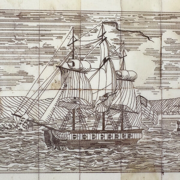 Scrimshaw/Horn & Bone Boxes Nautical 5-1/4″ Harbor with Sailing Ships Etched Scrimshaw Bone Box
