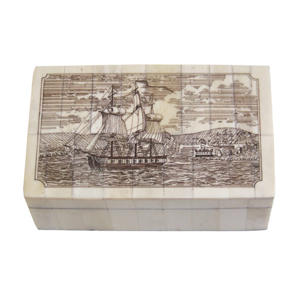 Scrimshaw/Horn & Bone Boxes Nautical 5-1/4″ Harbor with Sailing Ships Etched Scrimshaw Bone Box
