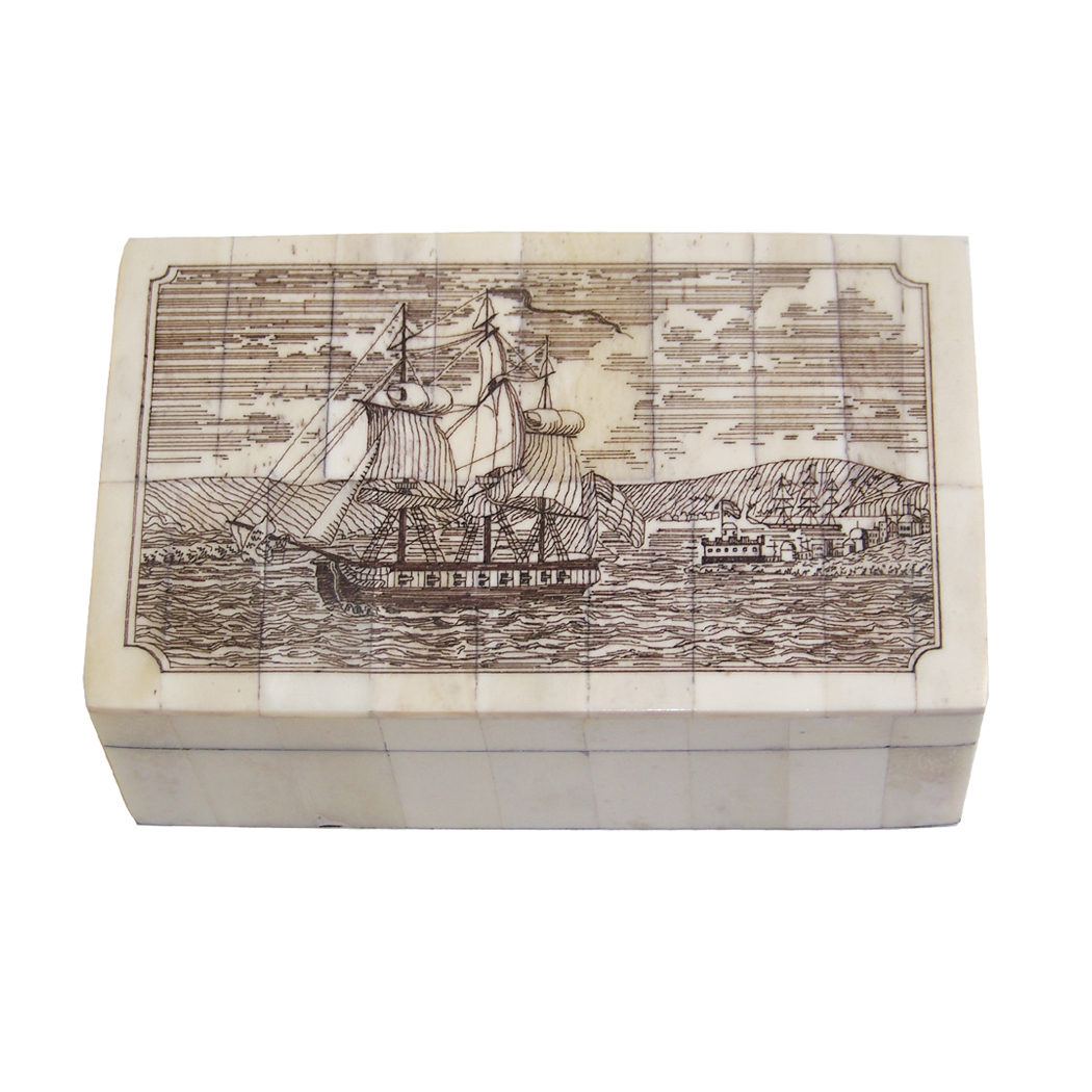 Scrimshaw/Horn & Bone Boxes Nautical 5-1/4″ Harbor with Sailing Ships ...