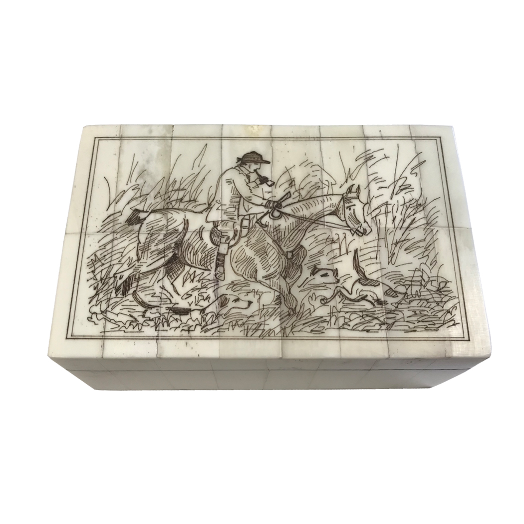 Scrimshaw/Horn & Bone Boxes Nautical 5-1/4″ Full Cry Fox Hunt Etched  ...