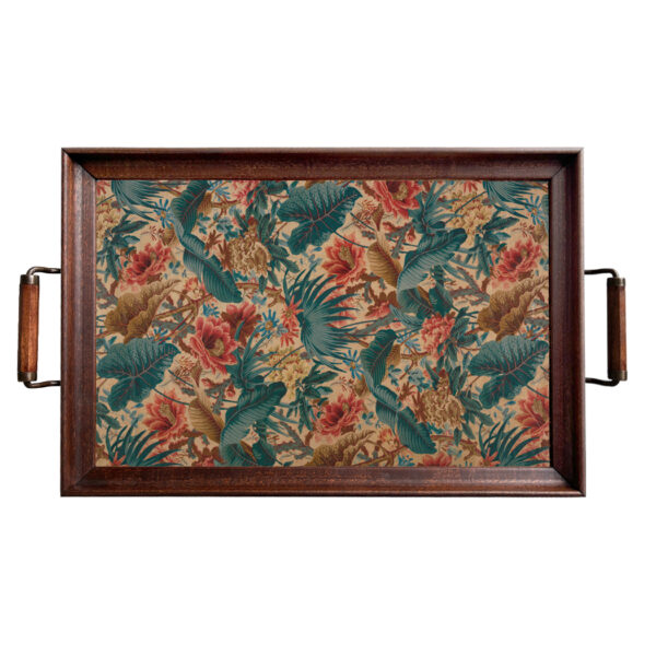 Botanical/Zoological Vintage Style Tropical Floral Wood and Glass Tray