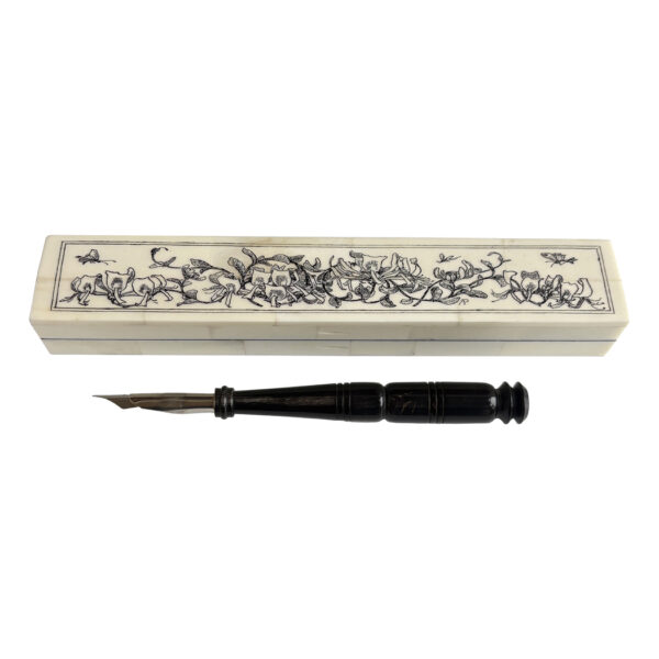 Pens/Ink Supplies Nautical Art Nouveau Flowering Vine Bone Pen Box with Black Horn Nib Pen