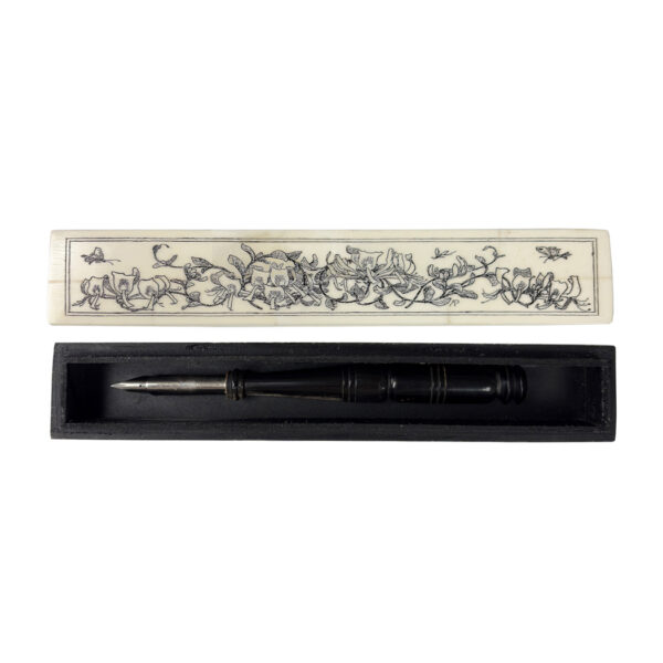 Pens/Ink Supplies Nautical Art Nouveau Flowering Vine Bone Pen Box with Black Horn Nib Pen