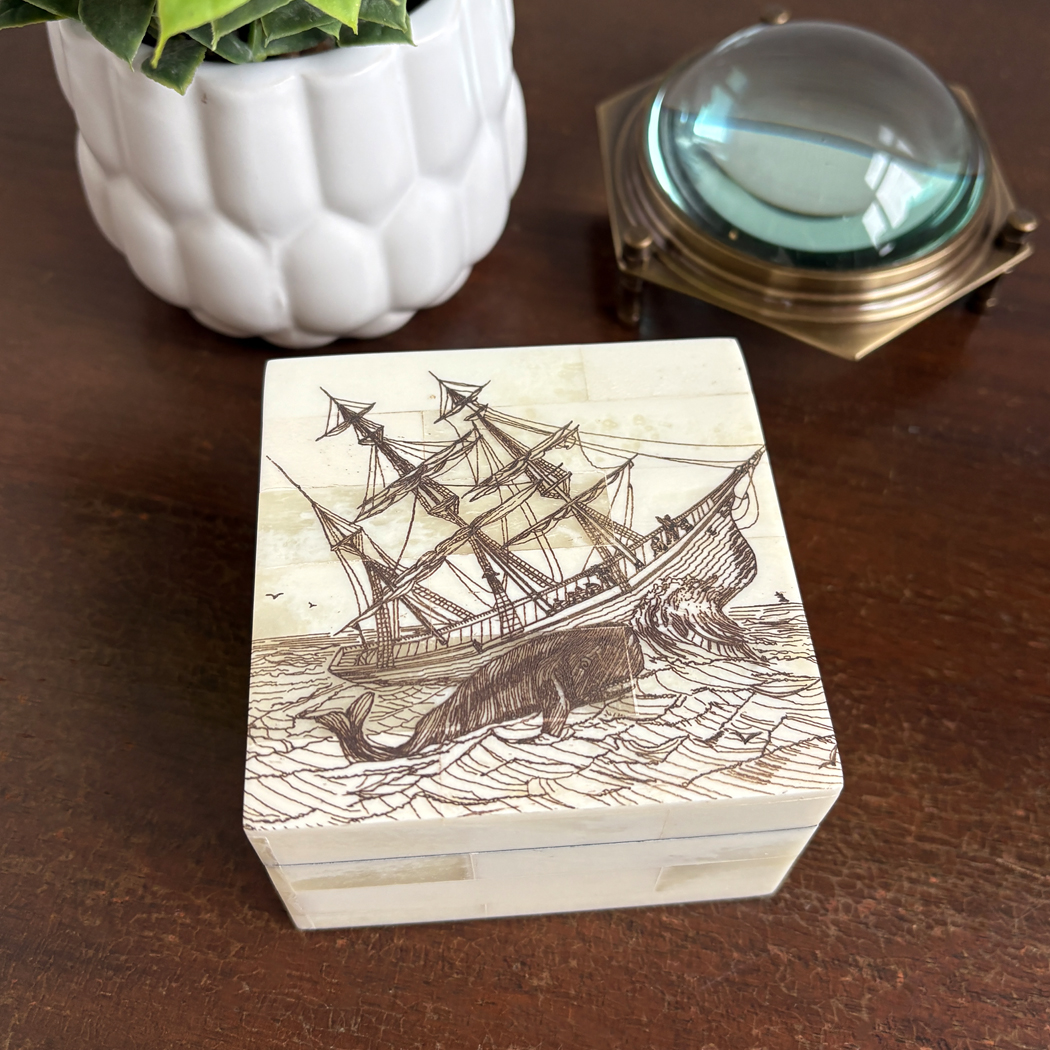 Scrimshaw/Horn & Bone Boxes Nautical 3-1/4″ Whaling Ship Bone Box wit ...