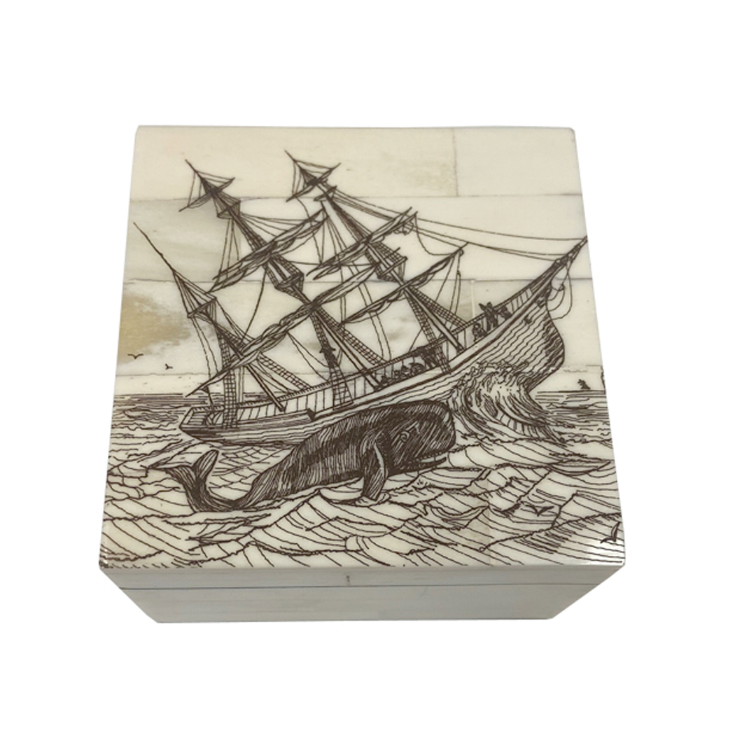 Scrimshaw/Horn & Bone Boxes Nautical 3-1/4″ Whaling Ship Bone Box wit ...
