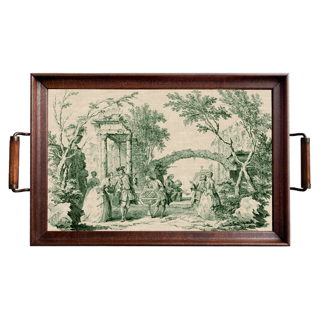 Trays & Barware Botanical/Zoological Green Toile de Jouy Wood and Glass Dec ...