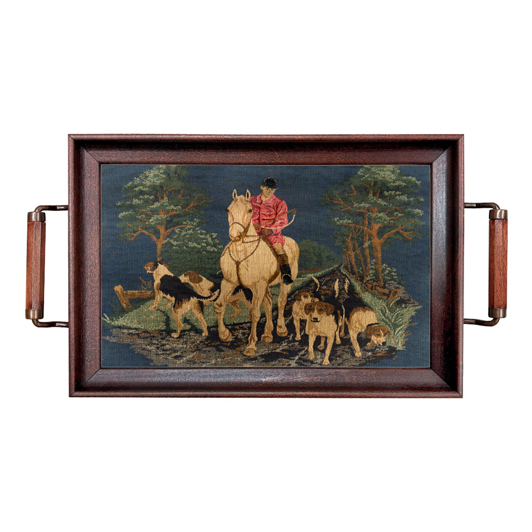 Lodge & Equestrian Decor Equestrian Fox Hunt Tapestry Wood and Glass Tray, ...
