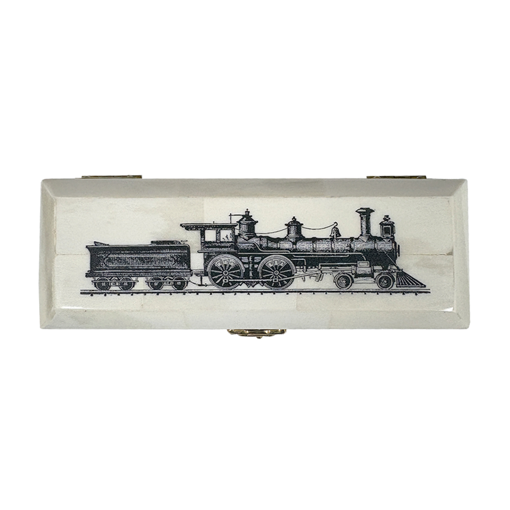 Scrimshaw/Horn & Bone Boxes 6-1/4″ Train Locomotive Ox Bone Postage Stamp Box Scrimshaw/Horn & Bone Boxes 6-1/4″ Train Locomotive Ox Bone Postage Stamp Box