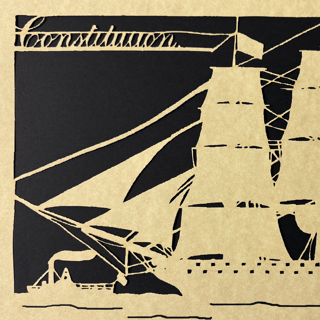 Scherenschnittes Early American USS Constitution with Steamer & S ...