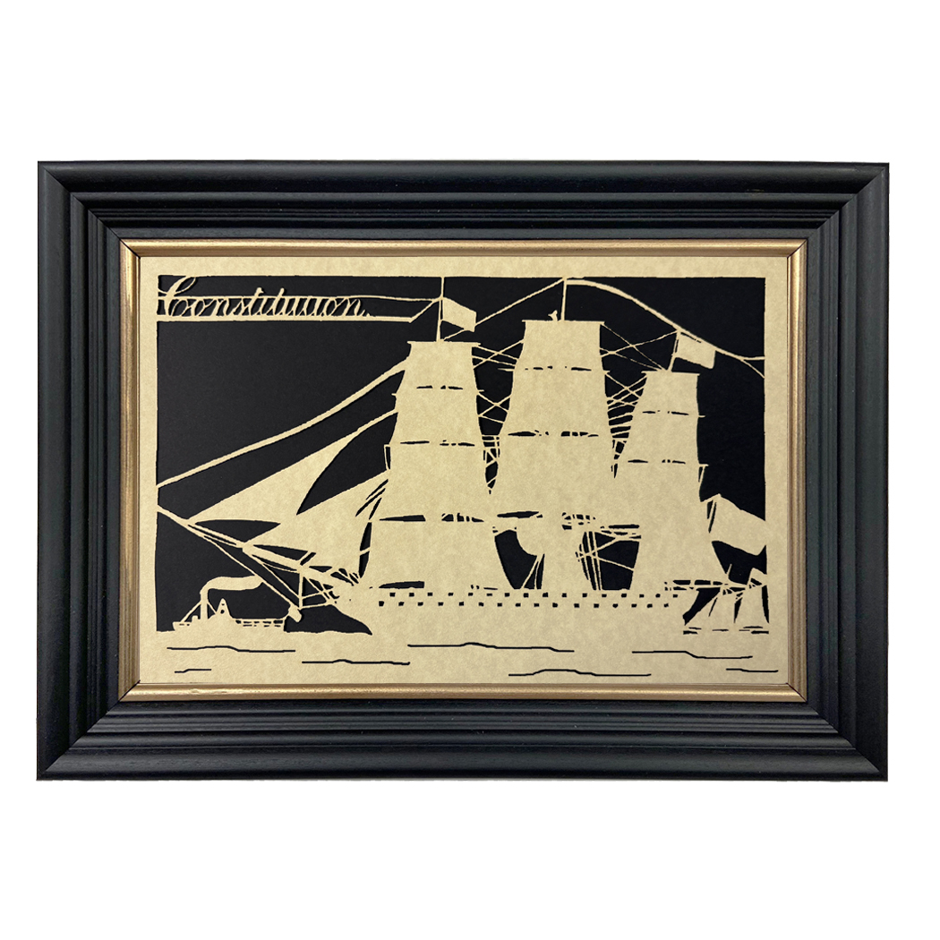 Scherenschnittes Early American USS Constitution with Steamer & S ...