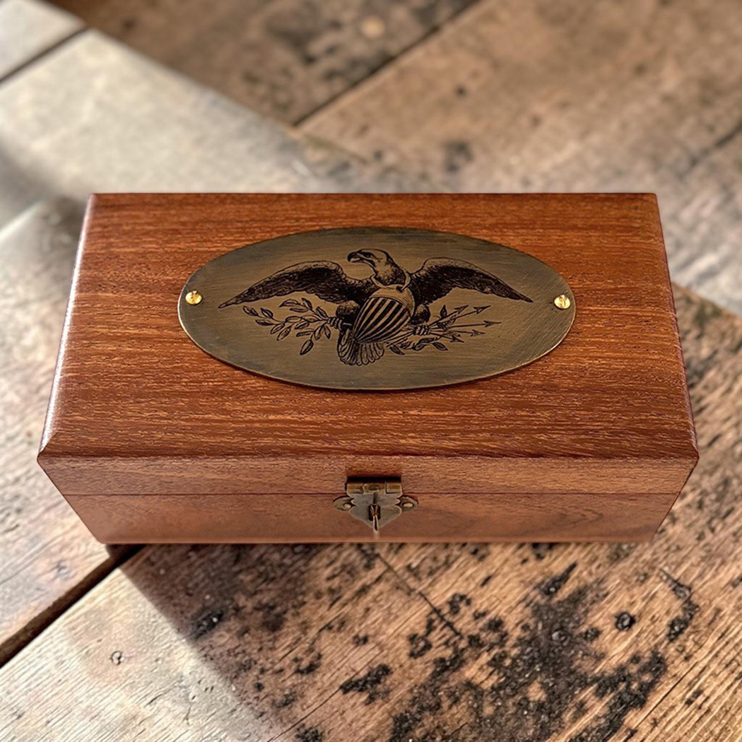 Decorative Boxes Early American 6-1/4″ Wood Box with Antiqued Brass Bald Eagle Plate Decorative Boxes Early American 6-1/4″ Wood Box with Antiqued Brass Bald Eagle Plate