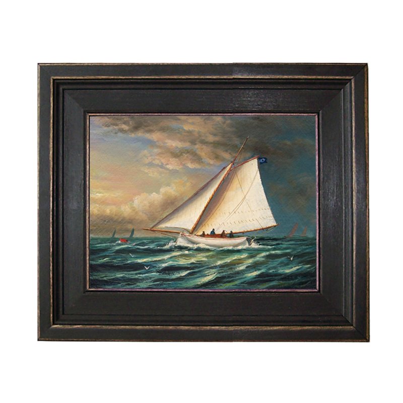 Racing Boat Framed Oil Painting Print on Canvas in Distressed Black ...