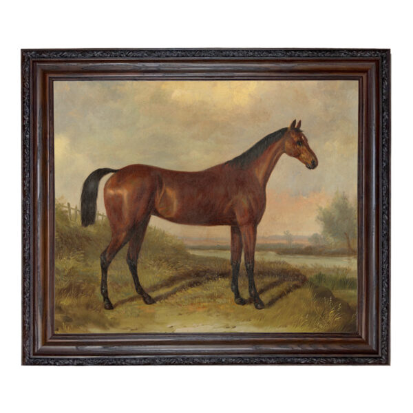Equestrian/Fox Equestrian Hunter in a Landscape Framed Oil Painting Print on Canvas in Dark Walnut Frame