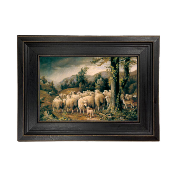 Farm and Pastoral Paintings Sheep in a Storm Framed Oil Painting Print on Canvas in Distressed Black Wood Frame