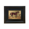 Equestrian/Fox Equestrian Bay Colt in Stable Framed Oil Painting Print on Canvas in Distressed Black Wood Frame