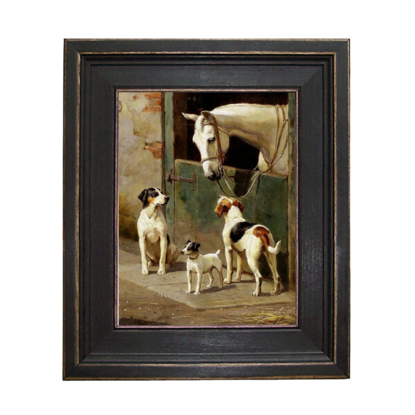 Equestrian Paintings Dog and Horse at Stable Framed Oil Painting Print on Canvas in Distressed Black Wood Frame
