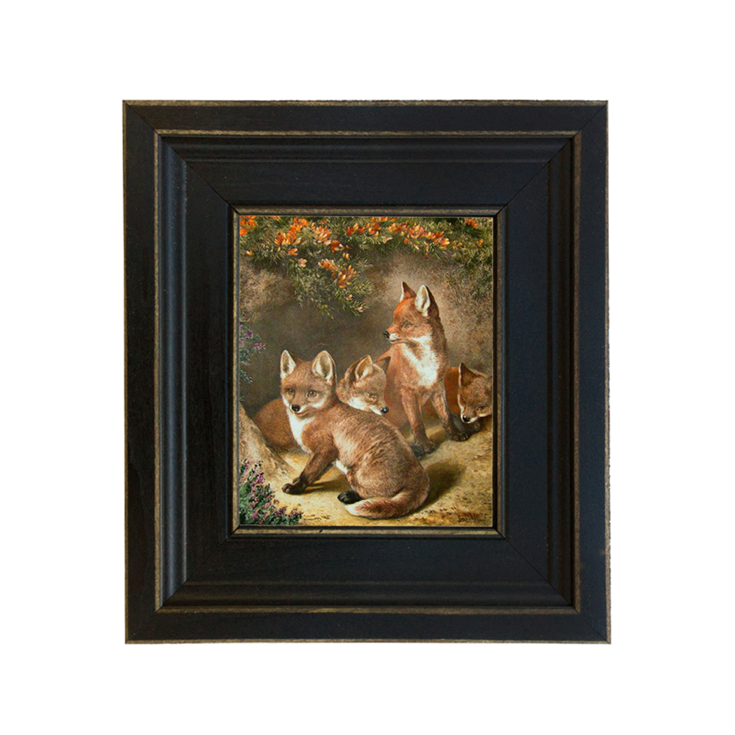 Four Young Foxes Framed Oil Painting Print On Canvas In Distressed