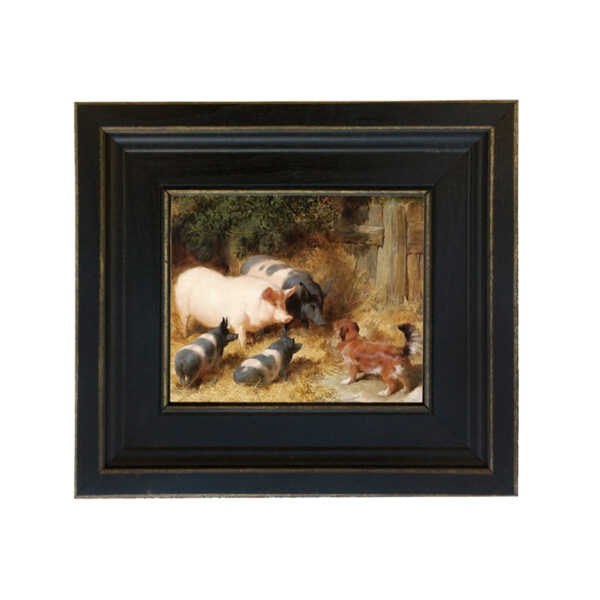 Farm/Pastoral Barnyard Pigs Barnyard Gossip Framed Oil Painting Print on Canvas in Distressed Black Wood Frame