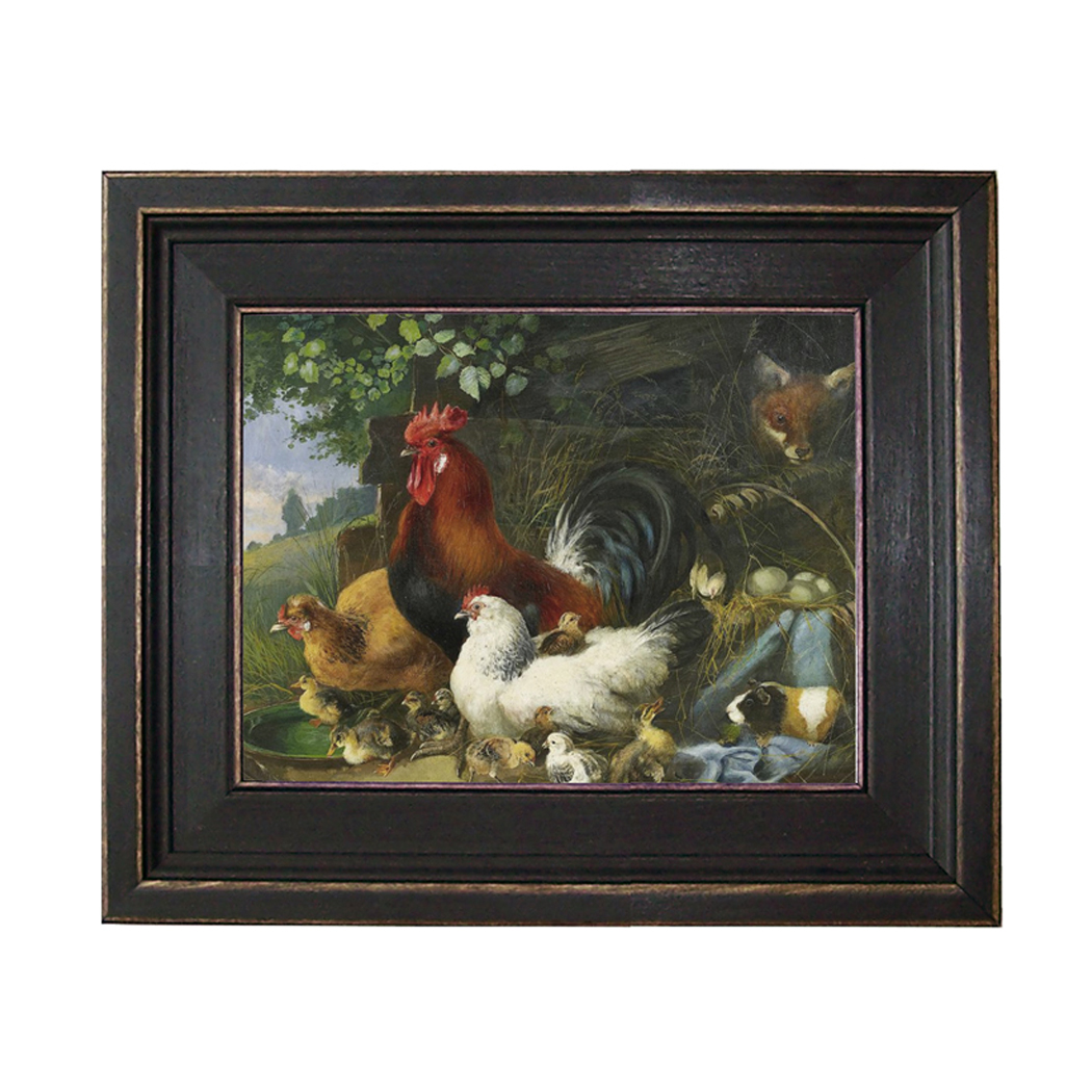 Fox In The Hen House Framed Oil Painting Print On Canvas In Distressed Black Wood Frame An 8 X 10 Framed To 11 1 2 X 13 1 2 Schooner Bay Company