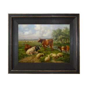 Farm/Pastoral Barnyard Sheep and Cows Framed Oil Painting Pri ...